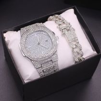 Fashion Silver Watch+silver Bracelet+box Stainless Steel Diamond Watch + Chain Bracelet Set