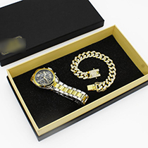 Fashion Womens Watch + Womens Bracelet + Gift Box Stainless Steel Round Dial Mens Watch + Diamond Chain Bracelet Set