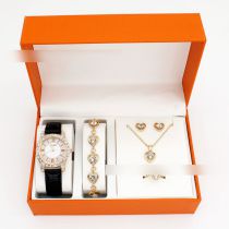 Fashion Black Watch + Love Bracelet Earrings Necklace Ring + Box Stainless Steel Diamond Watch + Love Bracelet Necklace Earrings Ring Set