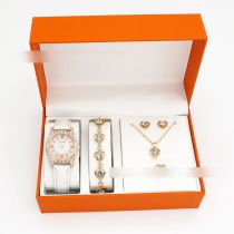 Fashion White Watch + Love Bracelet Earrings Necklace Ring + Box Stainless Steel Diamond Watch + Love Bracelet Necklace Earrings Ring Set