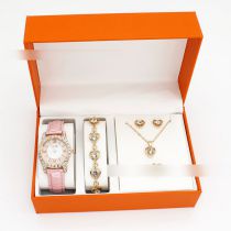 Fashion Pink Watch + Love Bracelet Earrings Necklace Ring + Box Stainless Steel Diamond Watch + Love Bracelet Necklace Earrings Ring Set