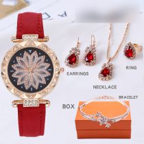 Fashion Red Watch + Bracelet + Red Diamond Necklace Earrings Ring + Box Stainless Steel Diamond Round Watch + Bracelet Necklace Earrings Ring Set