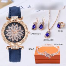 Fashion Blue Watch + Bracelet + Blue Diamond Necklace Earrings Ring + Box Stainless Steel Diamond Round Watch + Bracelet Necklace Earrings Ring Set