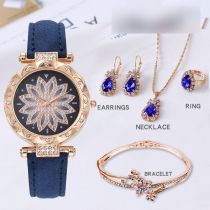 Fashion Blue Watch + Bracelet + Blue Diamond Necklace Earrings And Ring Stainless Steel Diamond Round Watch + Bracelet Necklace Earrings Ring Set
