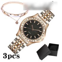 Fashion Black Watch+bracelet+gift Box Stainless Steel Round Watch Bracelet Set