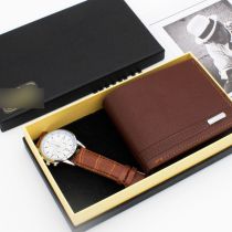 Fashion White Face Brown Watch + Brown Wallet + Gift Box Stainless Steel Round Watch + Wallet Mens Set