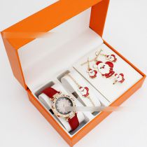 Fashion Red Watch + Santa Claus Bracelet Earrings Necklace Ring + Box Stainless Steel Round Watch + Christmas Bracelet Necklace Earrings Ring Set