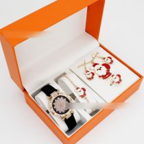 Fashion Black Watch + Santa Claus Bracelet Earrings Necklace Ring + Box Stainless Steel Round Watch + Christmas Bracelet Necklace Earrings Ring Set