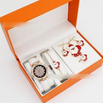 Fashion White Watch + Santa Claus Bracelet Earrings Necklace Ring + Box Stainless Steel Round Watch + Christmas Bracelet Necklace Earrings Ring Set