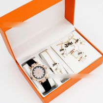 Fashion Black Watch + Elk Bracelet Earrings Necklace Ring + Box Stainless Steel Round Watch + Christmas Bracelet Necklace Earrings Ring Set