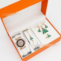 Fashion White Watch + Christmas Tree Bracelet Earrings Necklace Ring + Box Stainless Steel Round Watch + Christmas Bracelet Necklace Earrings Ring Set