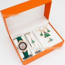 Fashion Green Watch + Christmas Tree Bracelet Earrings Necklace Ring + Box Stainless Steel Round Watch + Christmas Bracelet Necklace Earrings Ring Set