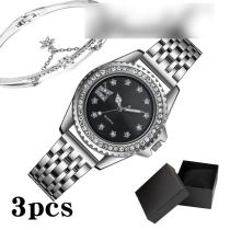 Fashion Black Watch + Bracelet + Gift Box Stainless Steel Round Watch Bracelet Set