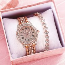Fashion Rose Gold Watch + Rose Gold Bracelet + Box Stainless Steel Diamond Round Watch Bracelet Set