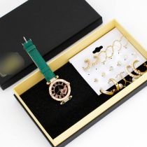 Fashion Green Watch + 9 Pairs Of Earrings + Gift Box Stainless Steel Round Watch Earrings Set