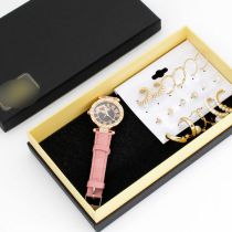 Fashion Pink Watch + 9 Pairs Of Earrings + Gift Box Stainless Steel Round Watch Earrings Set
