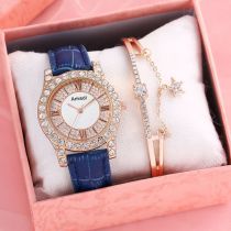 Fashion Blue Watch + Star Love Bracelet + Box Stainless Steel Diamond Round Watch Bracelet Set