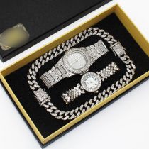 Fashion Silver Mens Watch + Silver Womens Watch + Silver Bracelet + Silver Bracelet + Gift Box Stainless Steel Diamond Round Watch Bracelet Set