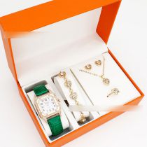 Fashion Green Watch + Love Bracelet Earrings Necklace Ring + Box Stainless Steel Square Watch Bracelet Necklace Earrings Ring Set