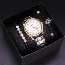 Fashion White Dial Watch + Silver Bracelet 2 + Box Stainless Steel Round Watch Beaded Bracelet Mens Set