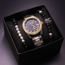 Fashion Black Dial Watch + Silver Bracelet 2 + Box Stainless Steel Round Watch Beaded Bracelet Mens Set