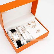 Fashion Black Watch + Double Heart Bracelet Earrings Necklace Ring + Box Stainless Steel Diamond Watch + Love Bracelet Necklace Earrings Ring Set