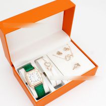 Fashion Green Watch + Double Heart Bracelet Earrings Necklace Ring + Box Stainless Steel Diamond Watch + Love Bracelet Necklace Earrings Ring Set