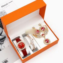 Fashion Red Watch + Bracelet + Wing Necklace + Earrings + Box Stainless Steel Diamond Round Watch Bracelet Necklace Earrings Ring Set