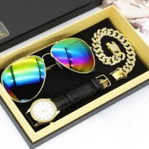 Fashion White Watch + Colorful Sunglasses + Gold Bracelet + Gift Box Stainless Steel Round Watch Double Bridge Sunglasses Chain Bracelet Mens Set