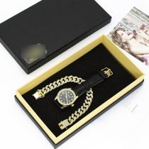 Fashion Black Watch + Gold Bracelet + Gift Box Stainless Steel Round Watch Chain Bracelet Mens Set