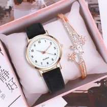Fashion Black Watch+bracelet+gift Box Stainless Steel Round Watch Diamond Starburst Bracelet Set