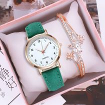 Fashion Green Watch + Bracelet + Gift Box Stainless Steel Round Watch Diamond Starburst Bracelet Set