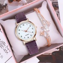 Fashion Purple Watch+bracelet+gift Box Stainless Steel Round Watch Diamond Starburst Bracelet Set