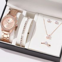 Fashion Rose Gold Watch + Accessories + Gift Box Stainless Steel Round Watch Bracelet Necklace Earrings Ring Set