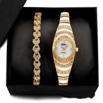 Fashion Gold Watch + Gold Ribs Bracelet + Box Stainless Steel Diamond Round Watch Bracelet Set
