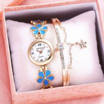 Fashion Blue Watch+bracelet+box Stainless Steel Dripping Flower Round Watch Bracelet Set