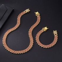 Fashion Gold Pink Diamond Bar Cuban Chain Geometric Diamond Chain Mens Necklace And Bracelet Set