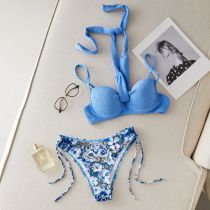 Fashion Blue + White Flowers On Blue Background Polyester Halterneck Lace-up One-piece Swimsuit Bikini