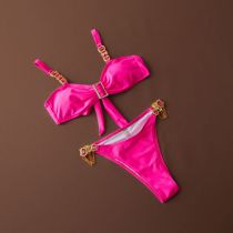Fashion Rose Pink Polyester Chain Tankini Swimsuit Bikini