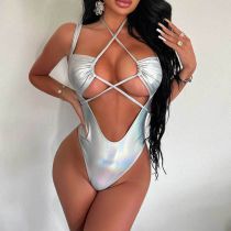 Fashion Colorful White Polyester Halterneck Hollow One-piece Swimsuit