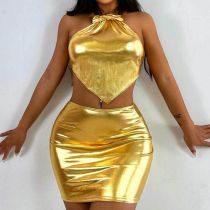 Fashion Gold Halter Neck Vest Skirt Suit