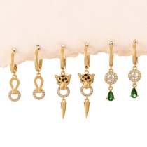 Fashion Gold Copper Inlaid Zircon Oil Dripping Leopard Head Pendant Earrings Set Of 6 Pieces