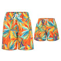 Fashion Orange Leaf Beach Shorts Polyester Printed Lace-up Parent-child Swimming Trunks