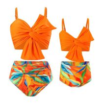 Fashion Orange Color Polyester Printed Knotted Parent-child Split Swimsuit