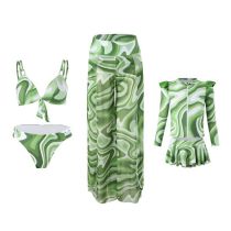 Fashion 2# Polyester Printed Childrens One-piece Swimsuit + Adult Split Swimsuit Bikini Three-piece Set