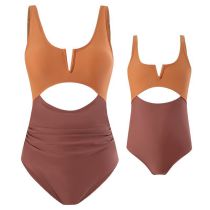 Fashion Light Brown Polyester Color Block Hollow Parent-child One-piece Swimsuit