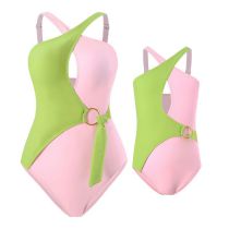 Fashion Yellow-green Polyester Color Block Parent-child One-piece Swimsuit