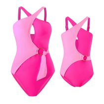 Fashion Dark Pink Polyester Color Block Parent-child One-piece Swimsuit