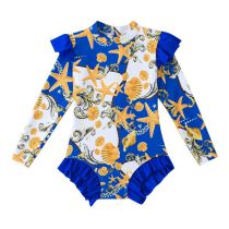 Fashion Blue Shell Polyester Printed Childrens One-piece Swimsuit