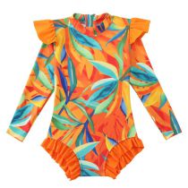 Fashion Orange Leaves Polyester Printed Childrens One-piece Swimsuit
